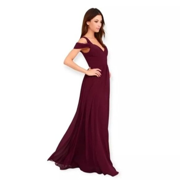 Lulus Make Me Move Burgundy Cold Shoulder Evening Gown Maxi Dress Womens XS - Picture 5 of 13